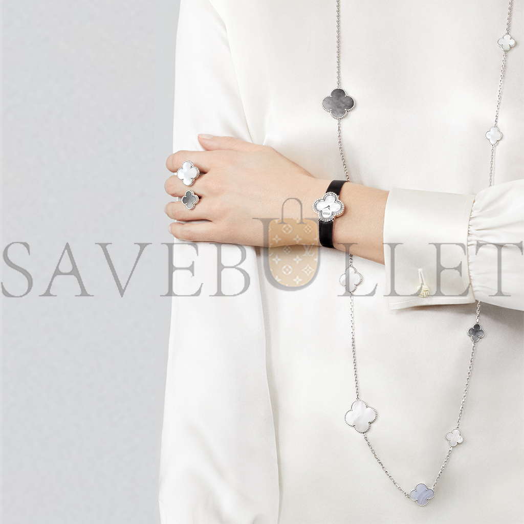 V*N CL*F arpels magic alhambra long necklace, 16 motifs - white gold, chalcedony, mother-of-pearl  vcarn19000